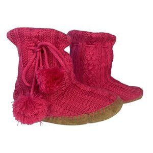 American Eagle Cable Knit Boot Slippers Womens Size 7-8 Pink Pom Poms